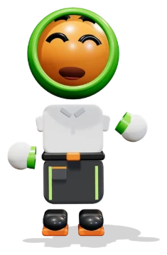 Melari, das Maskottchen: eine fröhliche 3D-Figur mit orangefarbenem Gesicht, weißem Hemd und Arbeitshose